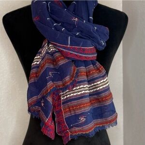 Club Monaco Vanessa Scarf sheer cotton blue red embroidered boho chic Gypsy NWT